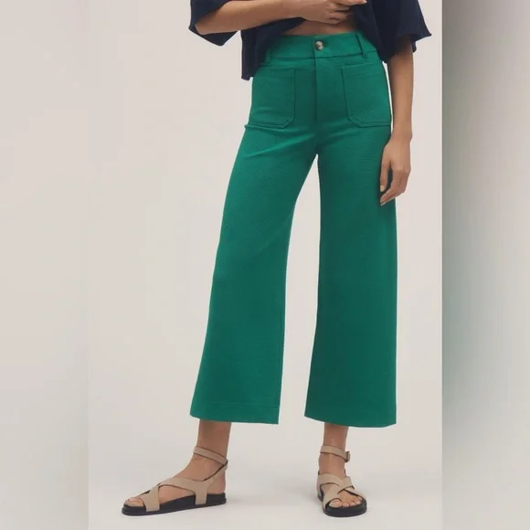 Anthropologie Maeve Colette Cropped Wide Leg Pants Kelly Green Knit Edition 25 - Picture 1 of 10